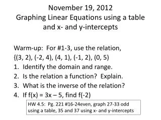 November 19, 2012 Graphing Linear Equations using a table and x- and y-intercepts