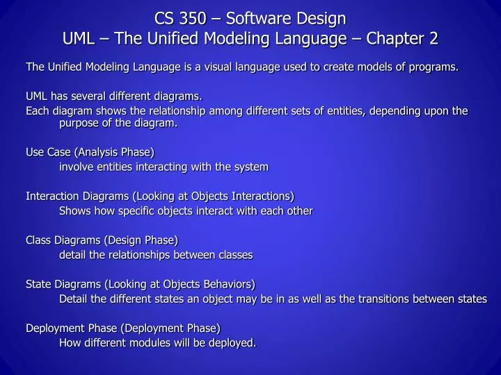 cs 350 software design uml the unified modeling language chapter 2