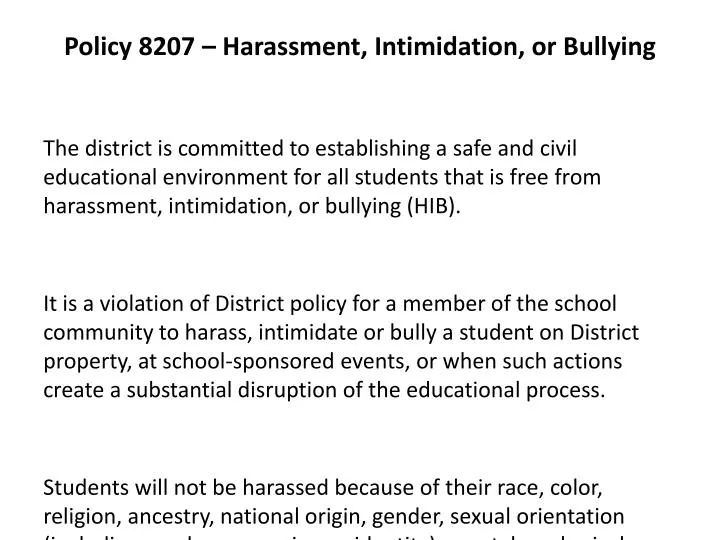 policy 8207 harassment intimidation or bullying