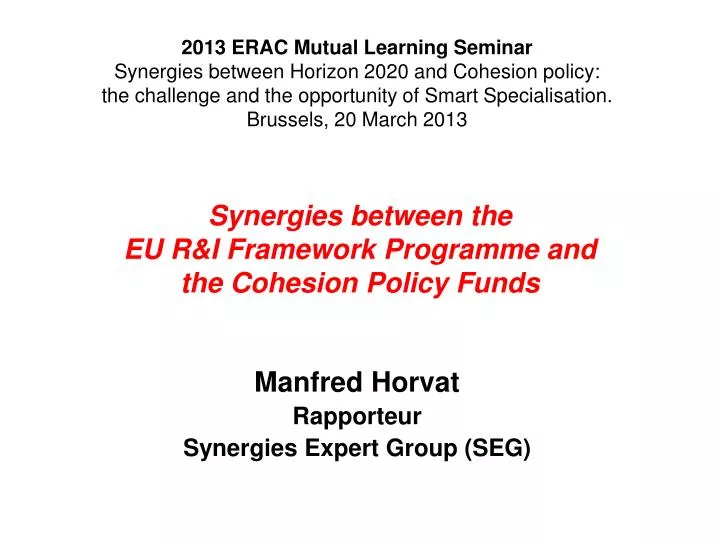 synergies between the eu r i framework programme and the cohesion policy funds