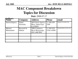 MAC Component Breakdown Topics for Discussion