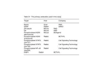 Table S1 The primary antibodies used in this study Target				Host			Company Nestin				Goat			R&amp;D