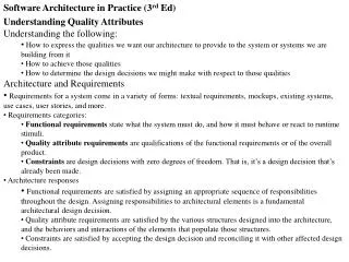 Software Architecture in Practice (3 rd Ed) Understanding Quality Attributes