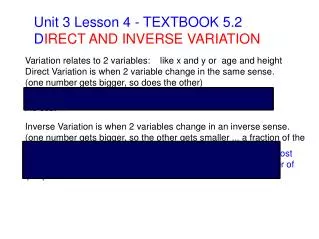 Unit 3 Lesson 4 - TEXTBOOK 5.2 D IRECT AND INVERSE VARIATION
