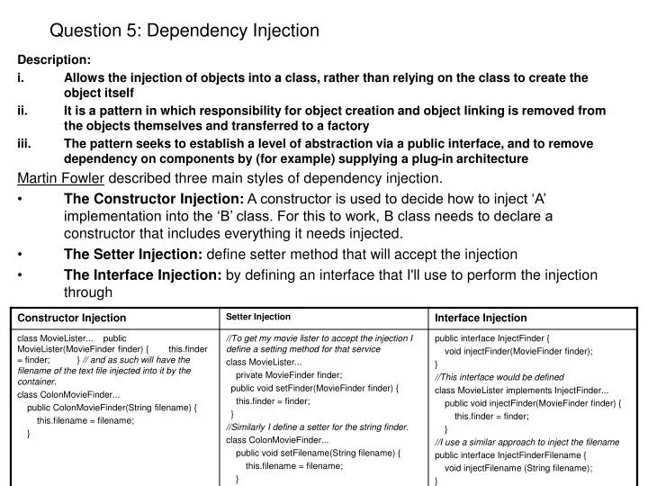 question 5 dependency injection