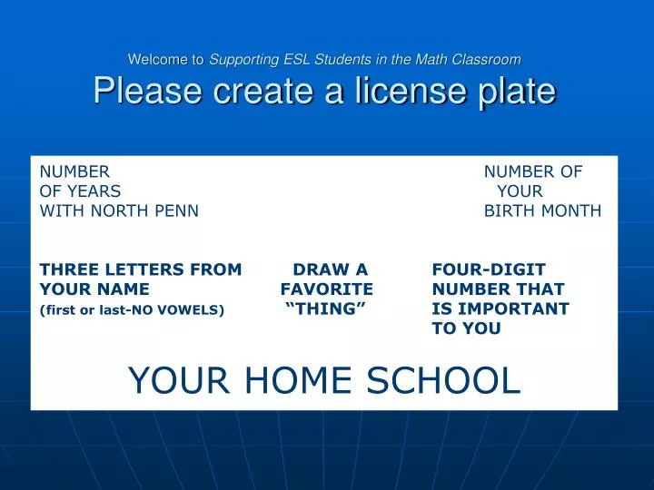 welcome to supporting esl students in the math classroom please create a license plate