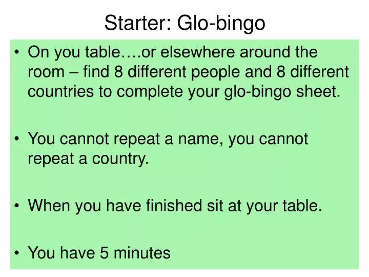 starter glo bingo