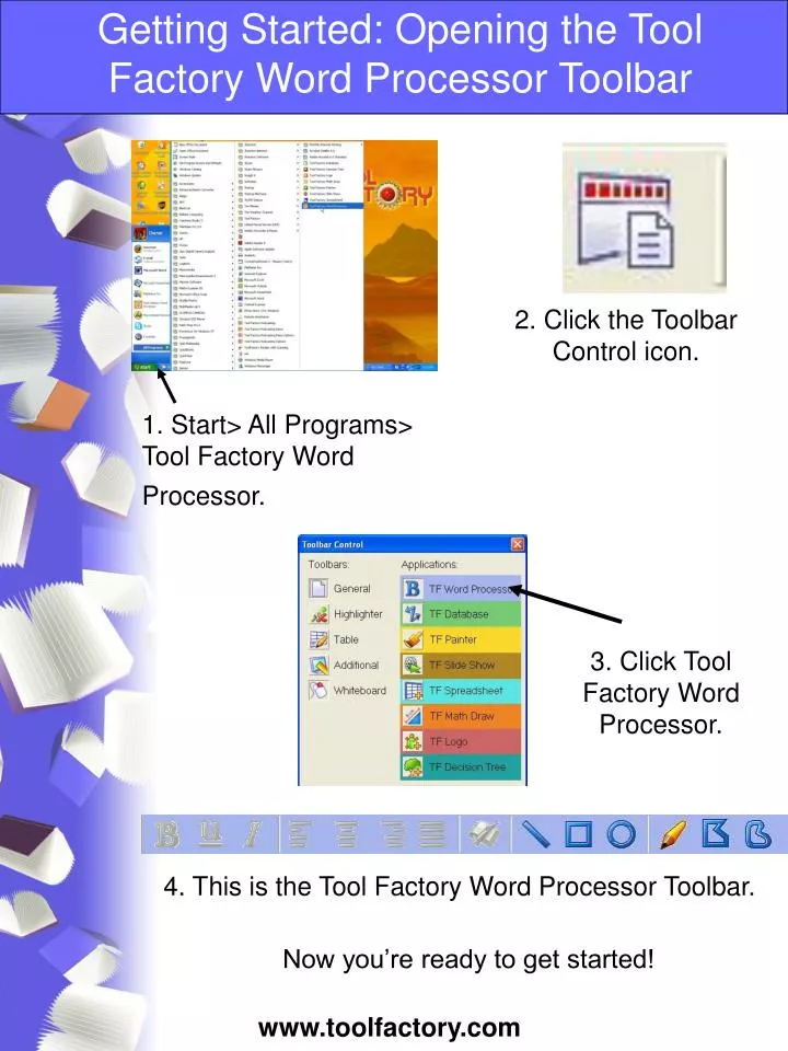 getting started opening the tool factory word processor toolbar