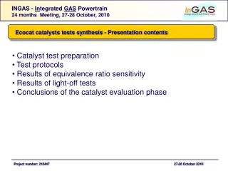 Ecocat catalysts tests synthesis - Presentation contents