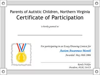 Parents of Autistic Children, Northern Virginia Certificate of Participation