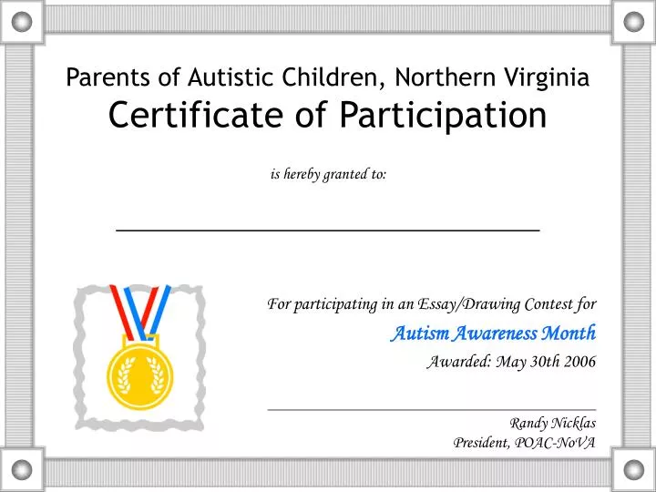 parents of autistic children northern virginia certificate of participation