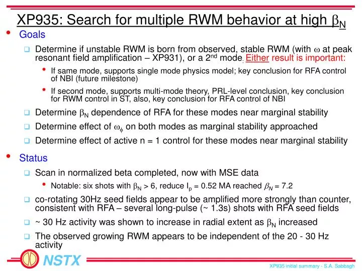 xp935 search for multiple rwm behavior at high b n