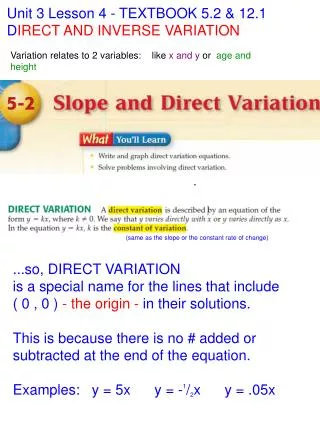 Unit 3 Lesson 4 - TEXTBOOK 5.2 &amp; 12.1 D IRECT AND INVERSE VARIATION