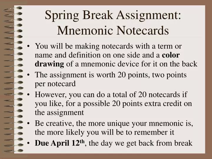 spring break assignment mnemonic notecards