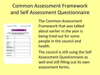 Common Assessment Framework and Self Assessment Questionnaire