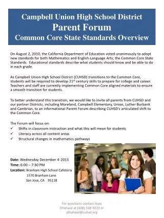 Campbell Union High School District Parent Forum Common Core State Standards Overview