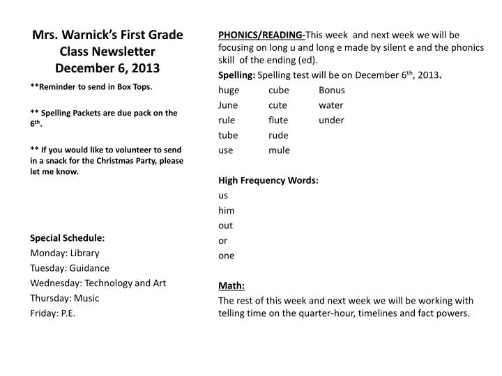 mrs warnick s first grade class newsletter december 6 2013