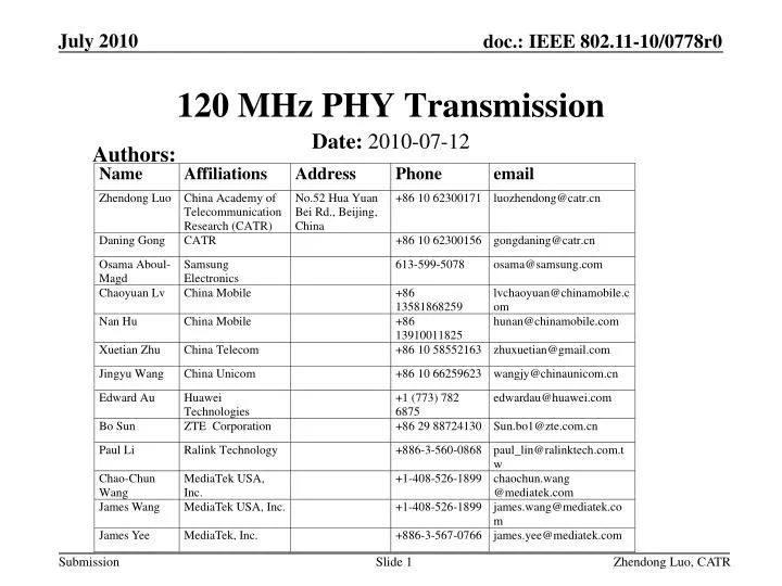 120 mhz phy transmission