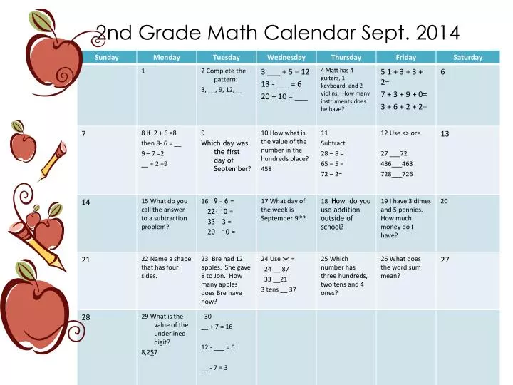 2nd grade math calendar sept 2014