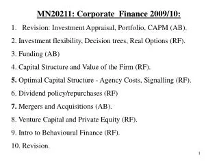 MN20211: Corporate Finance 2009/10: Revision: Investment Appraisal, Portfolio, CAPM (AB).