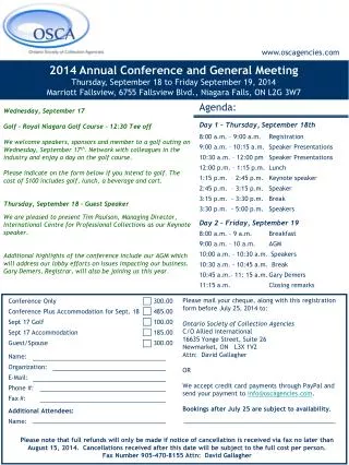Conference Only			300.00 Conference Plus Accommodation for Sept. 18	485.00 Sept 17 Golf 	 		100.00