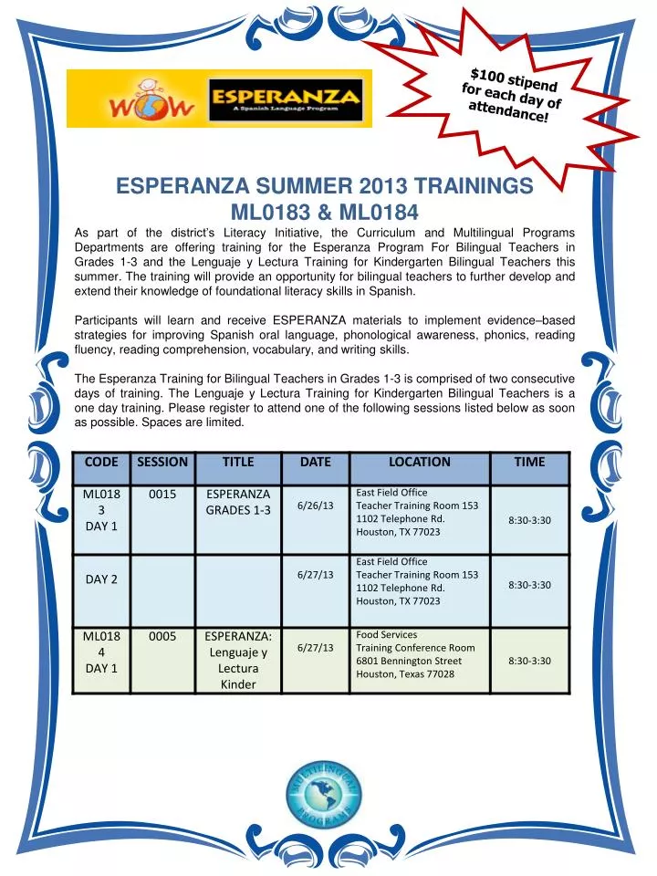 PPT ESPERANZA SUMMER 2013 TRAININGS ML0183 & ML0184 PowerPoint