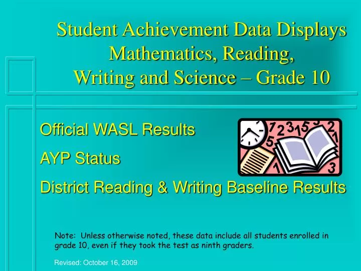 student achievement data displays mathematics reading writing and science grade 10