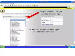 The menu lists all of the document types you will need for submission.