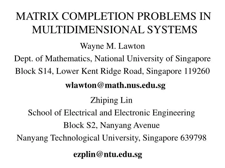 matrix completion problems in multidimensional systems