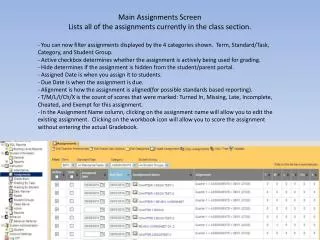 Main Assignments Screen Lists all of the assignments currently in the class section.