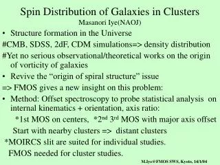 Spin Distribution of Galaxies in Clusters Masanori Iye(NAOJ)