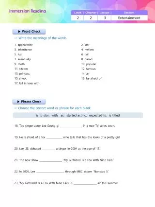 Immersion Reading Course Worksheet