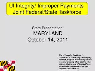 State Presentation: MARYLAND October 14, 2011