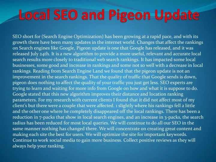 local seo and pigeon update