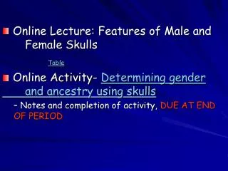 Online Lecture: Features of Male and 	Female Skulls Table