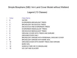 Simple Biosphere (SiB) I km Land Cover Model without Wetland Legend (13 Classes)  