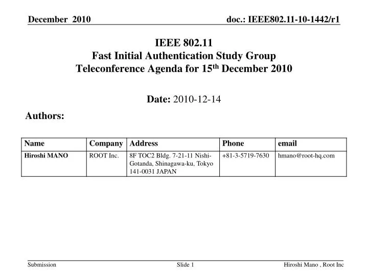 ieee 802 11 fast initial authentication study group teleconference agenda for 15 th december 2010