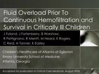 Fluid Overload Prior To Continuous Hemofiltration and Survival in Critically Ill Children