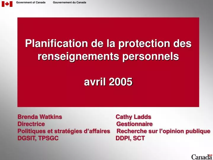 planification de la protection des renseignements personnels avril 2005