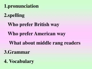1.pronunciation 2.spelling Who prefer British way Who prefer American way
