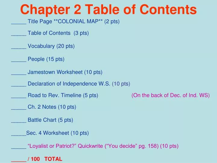 chapter 2 table of contents