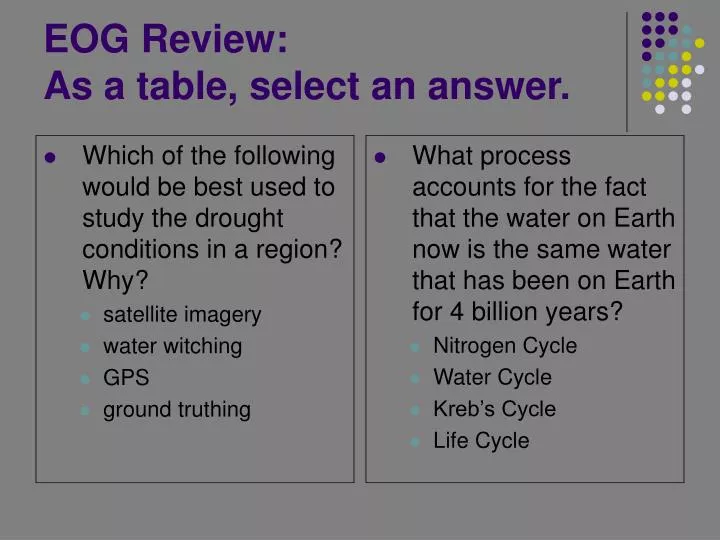 eog review as a table select an answer