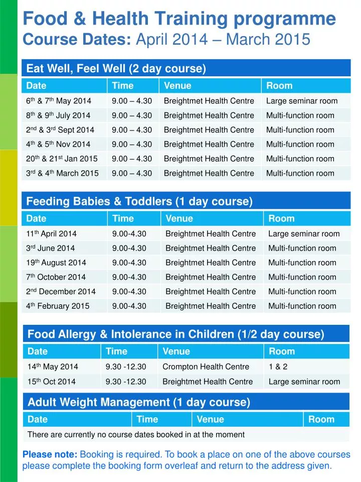 food health training programme course dates april 2014 march 2015