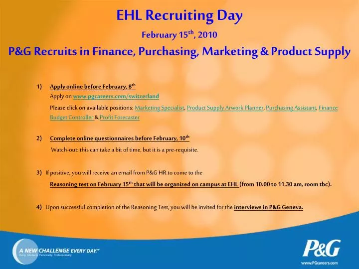 ehl recruiting day februar y 15 th 2010 p g recruits in finance purchasing marketing product supply