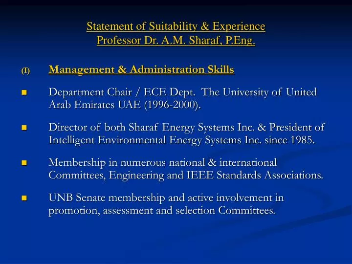statement of suitability experience professor dr a m sharaf p eng