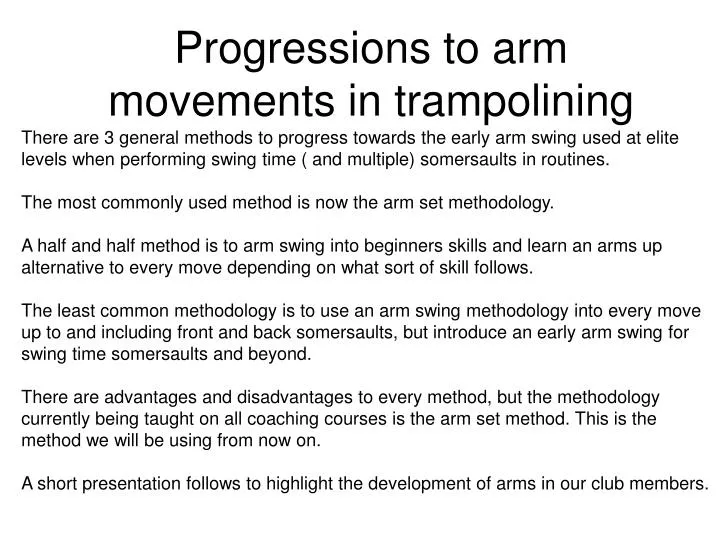 progressions to arm movements in trampolining