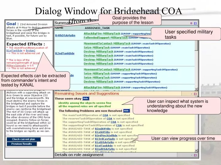 dialog window for bridgehead coa from the final evalulation