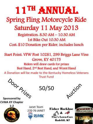 11 th ANNUAL Spring Fling Motorcycle Ride Saturday 11 May 2013 Registration: 8:30 AM – 10:30 AM
