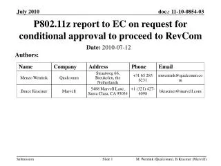 P802.11z report to EC on request for conditional approval to proceed to RevCom