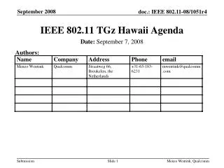 IEEE 802.11 TGz Hawaii Agenda